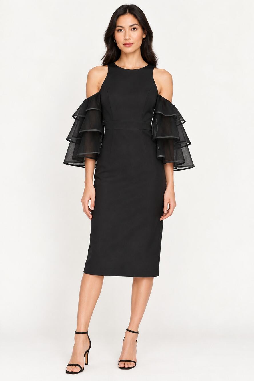BCBGMAXAZRIA Womens Black Sheath Dress Cold Shoulder Ruffle Sleeve Size 4 NWT